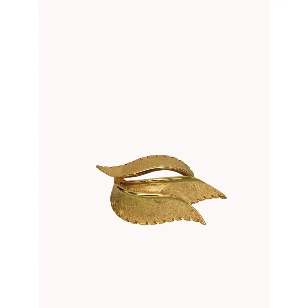 MCM Curled Leaf Brooch Pin Triple Leaves Brushed Gold Tone Old Money Piece 1950s